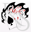 Four playing cards with black and red designs on a white background